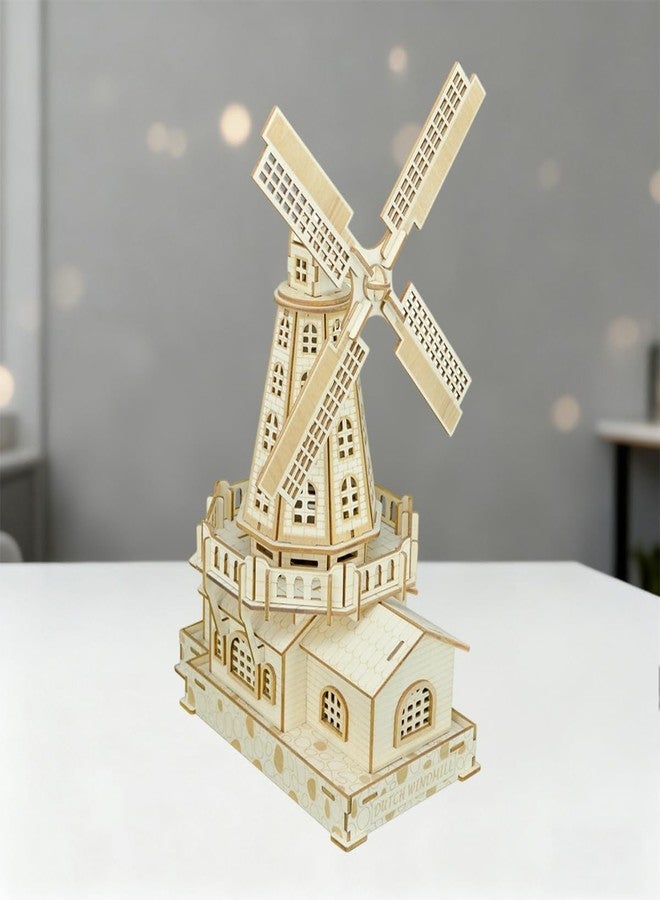 Bitopbi 3D Wooden Puzzles Laser Engraving DIY Safe Assembly Constructor Kit Toy for Teens and Adults, World Famous Buildings Mechanical 3-D Models for Self-Assembly (C2 Dutch Windmill) - Image 2
